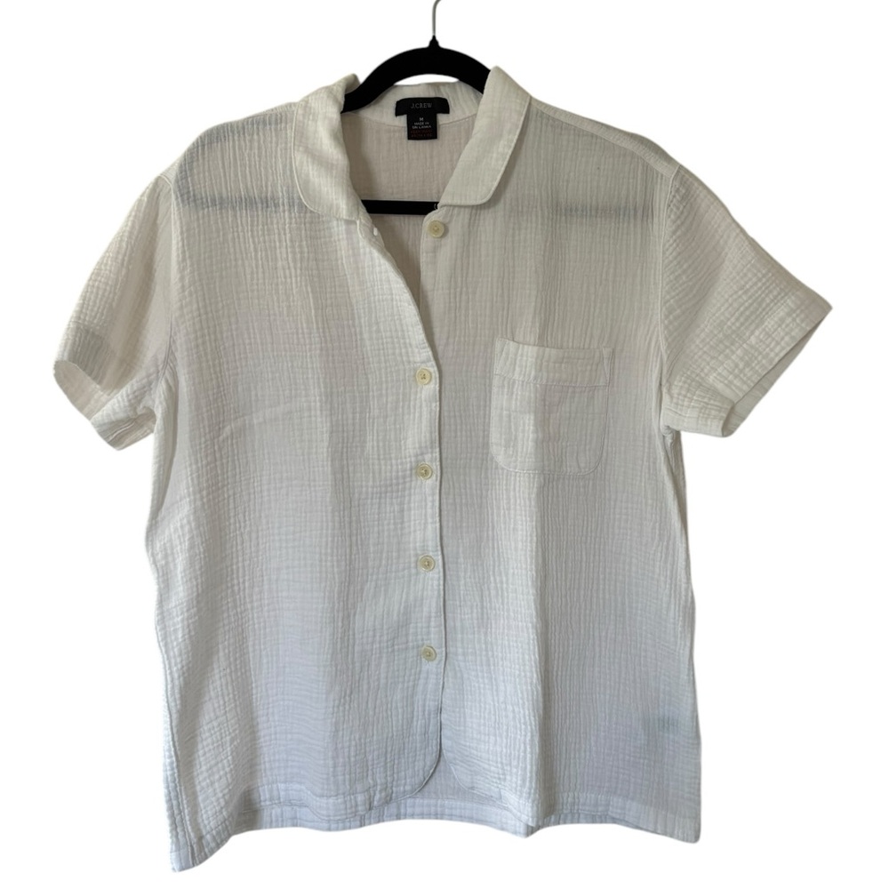 J. Crew Cotton Gauze Short Sleeve Button Front Camp Shirt single pocket white M